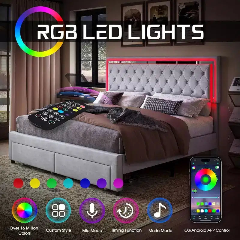Cadre de lit avec lumières LED et tiroirs de rangement, lit plateforme rembourré en velours