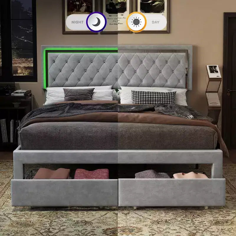 Cadre de lit avec lumières LED et tiroirs de rangement, lit plateforme rembourré en velours