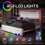 Cadre de lit avec lumières LED et tiroirs de rangement, lit plateforme rembourré en velours