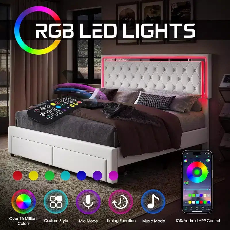 Cadre de lit avec lumières LED et tiroirs de rangement, lit plateforme rembourré en velours