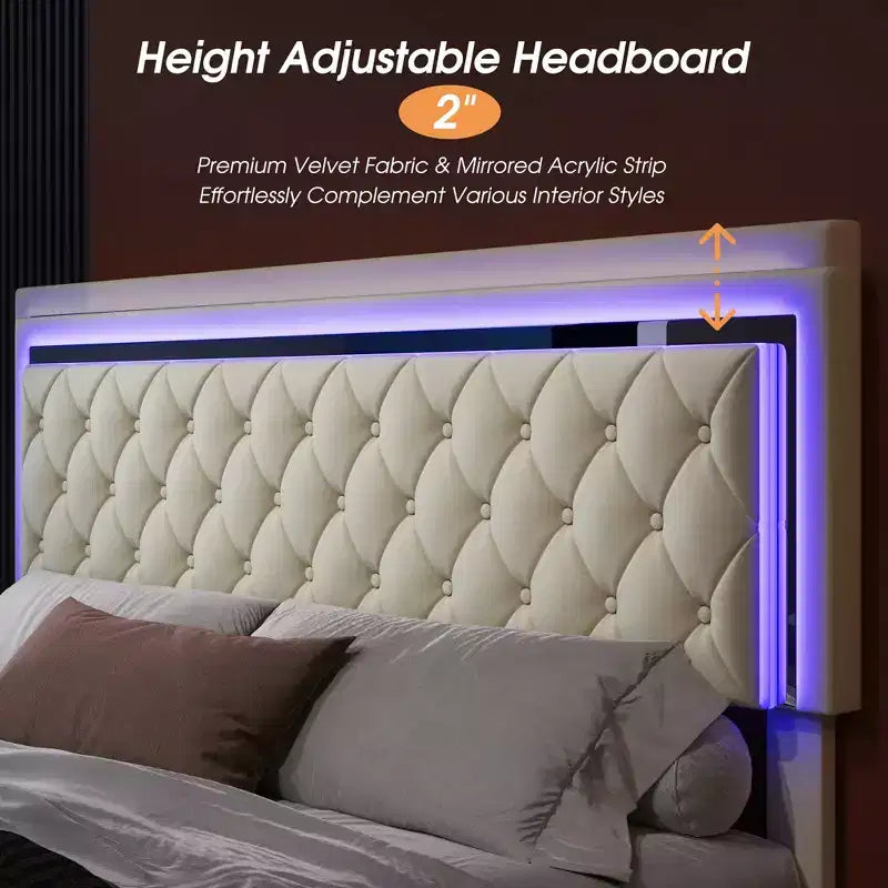 Cadre de lit avec lumières LED et tiroirs de rangement, lit plateforme rembourré en velours