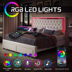 Cadre de lit avec lumières LED et tiroirs de rangement, lit plateforme rembourré en velours