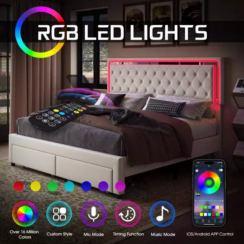 Cadre de lit avec lumières LED et tiroirs de rangement, lit plateforme rembourré en velours