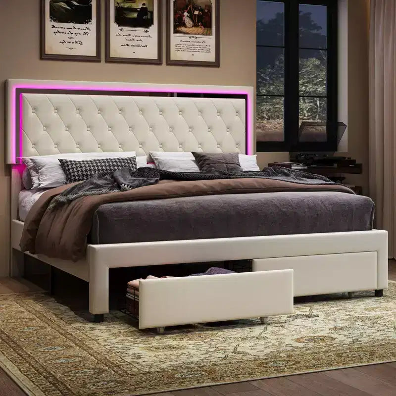 AMERLIFE Bed Frame with LED Lights&Storage Drawers, Velvet Upholstered Platform Bed