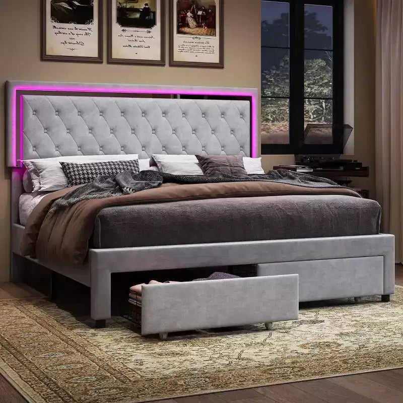 Cadre de lit avec lumières LED et tiroirs de rangement, lit plateforme rembourré en velours