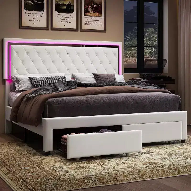 Cadre de lit avec lumières LED et tiroirs de rangement, lit plateforme rembourré en velours