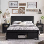 SinCiDo Beds with Headboards & Sliding Door Storage Cabinets, Farmhouse Wood Bed with Solid Wood Slats Support, Noiseless