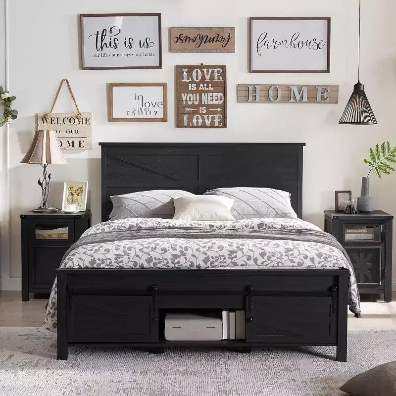 SinCiDo Beds with Headboards & Sliding Door Storage Cabinets, Farmhouse Wood Bed with Solid Wood Slats Support, Noiseless