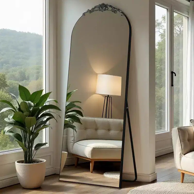 Miroir psyché rond arqué en bois 64x21, blanc, pleine longueur, pour salle de bain, chambre à coucher, entrée, salon/dressing