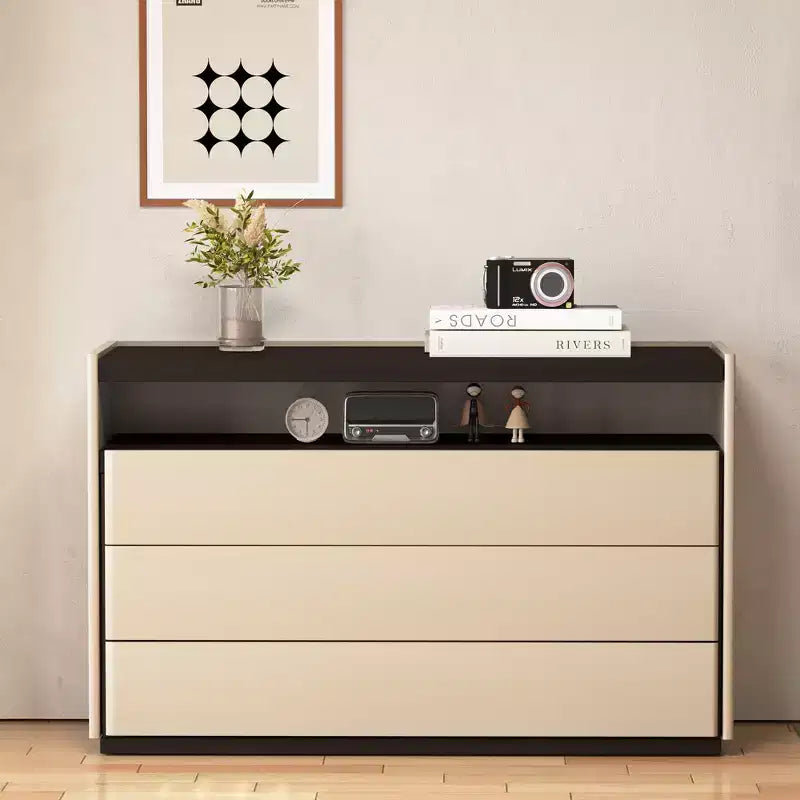 Commodes Coiffeuse moderne à 3 tiroirs avec étagère ouverte, beige