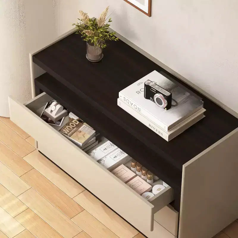 Commodes Coiffeuse moderne à 3 tiroirs avec étagère ouverte, beige