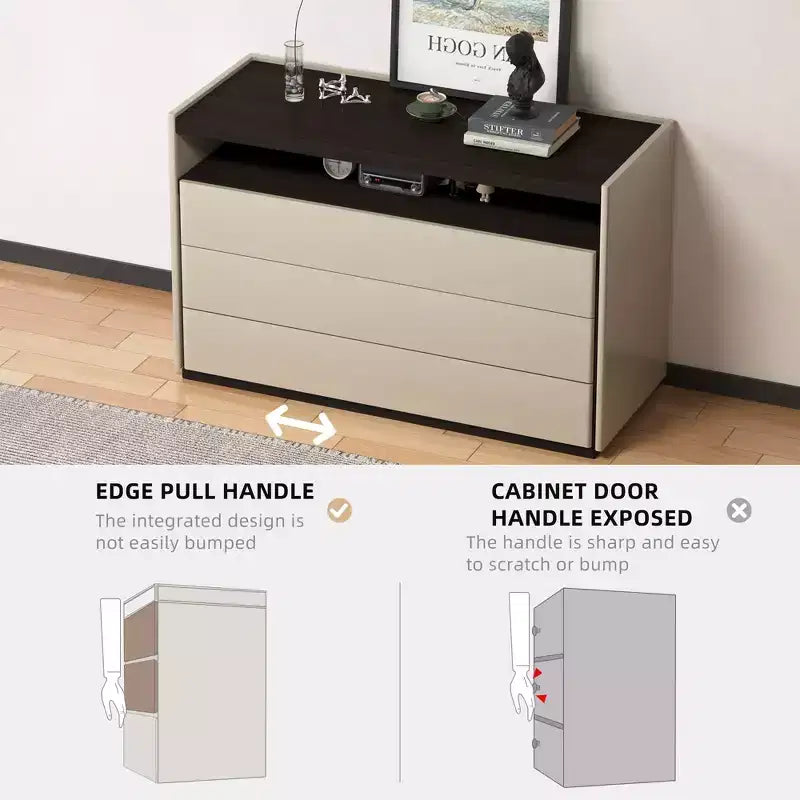 Commodes Coiffeuse moderne à 3 tiroirs avec étagère ouverte, beige