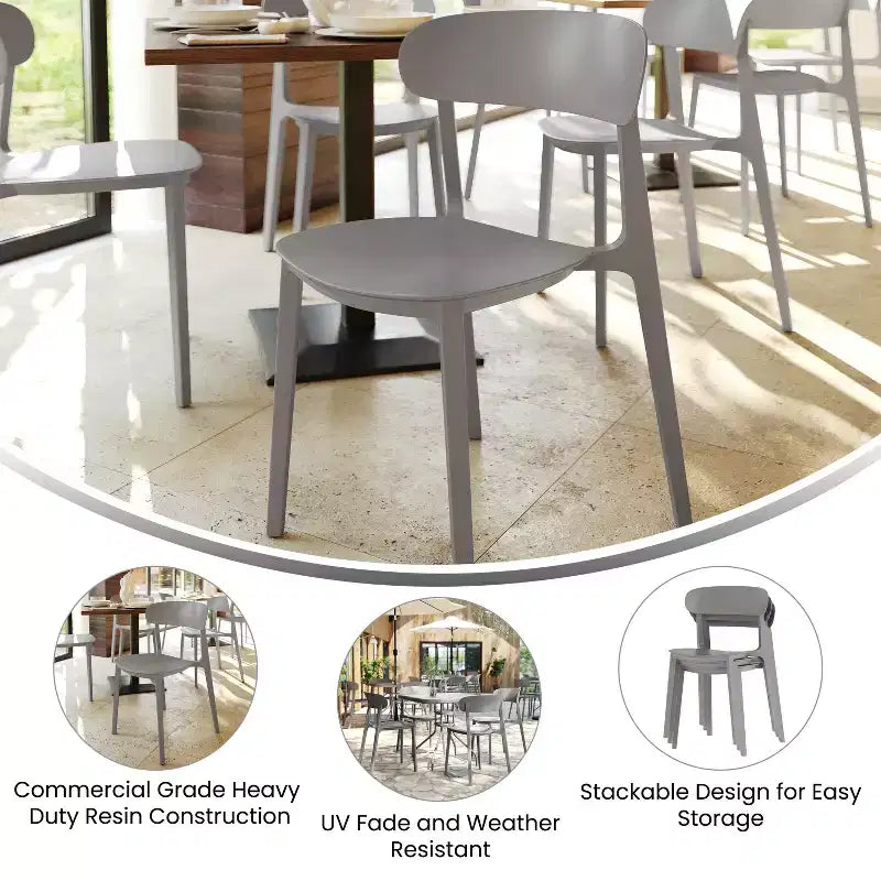 Chaise de terrasse empilable intérieur-extérieur avec dossier incurvé, chaise commerciale en résine toutes saisons