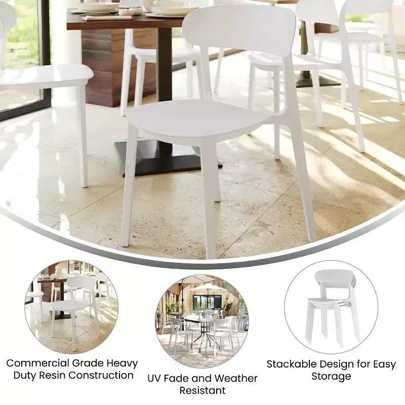 Chaise de terrasse empilable intérieur-extérieur avec dossier incurvé, chaise commerciale en résine toutes saisons