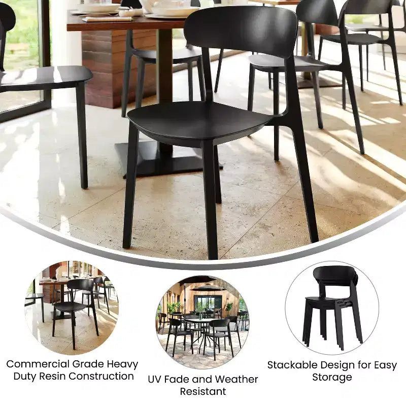 Chaise de terrasse empilable intérieur-extérieur avec dossier incurvé, chaise commerciale en résine toutes saisons
