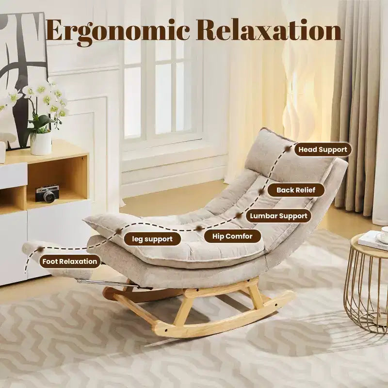 Fauteuil à bascule rembourré en bois massif avec repose-pieds escamotable