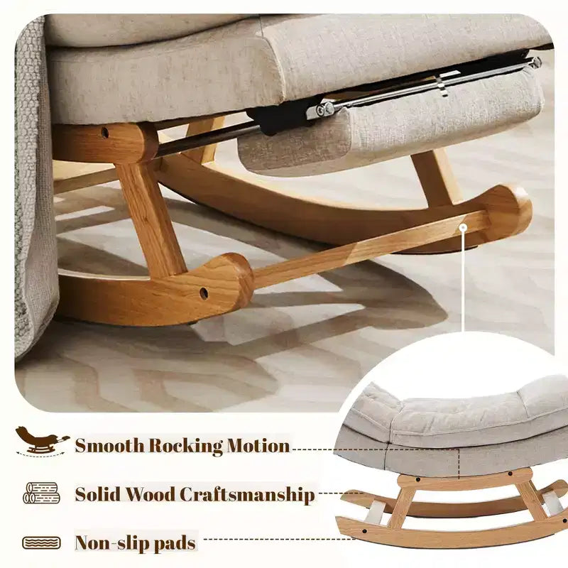Fauteuil à bascule rembourré en bois massif avec repose-pieds escamotable