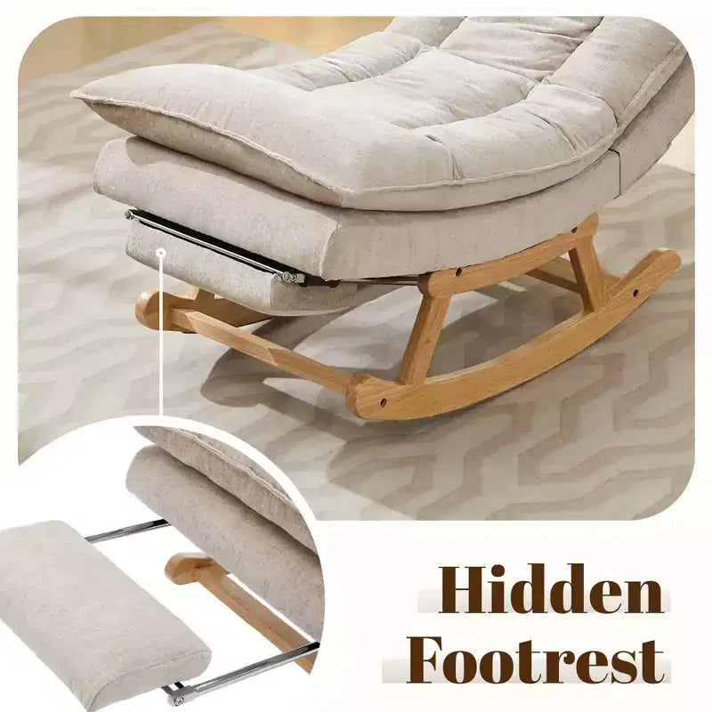 Fauteuil à bascule rembourré en bois massif avec repose-pieds escamotable