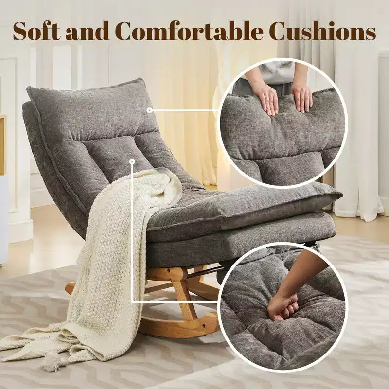 Fauteuil à bascule rembourré en bois massif avec repose-pieds escamotable