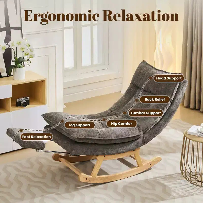 Fauteuil à bascule rembourré en bois massif avec repose-pieds escamotable