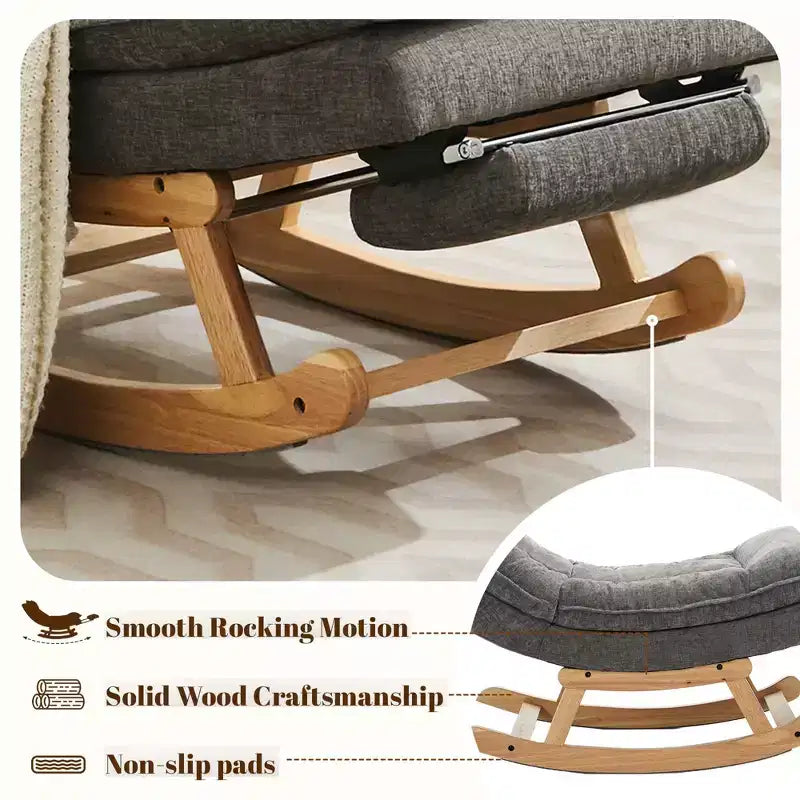 Fauteuil à bascule rembourré en bois massif avec repose-pieds escamotable