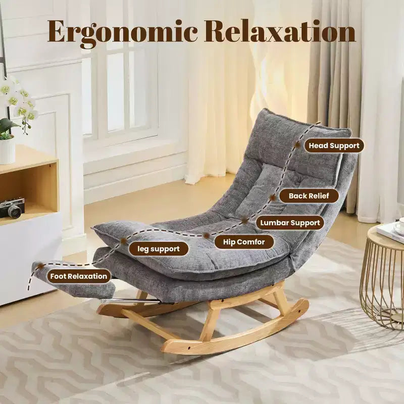 Fauteuil à bascule rembourré en bois massif avec repose-pieds escamotable