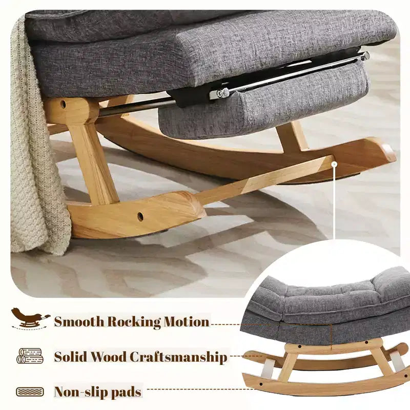 Fauteuil à bascule rembourré en bois massif avec repose-pieds escamotable