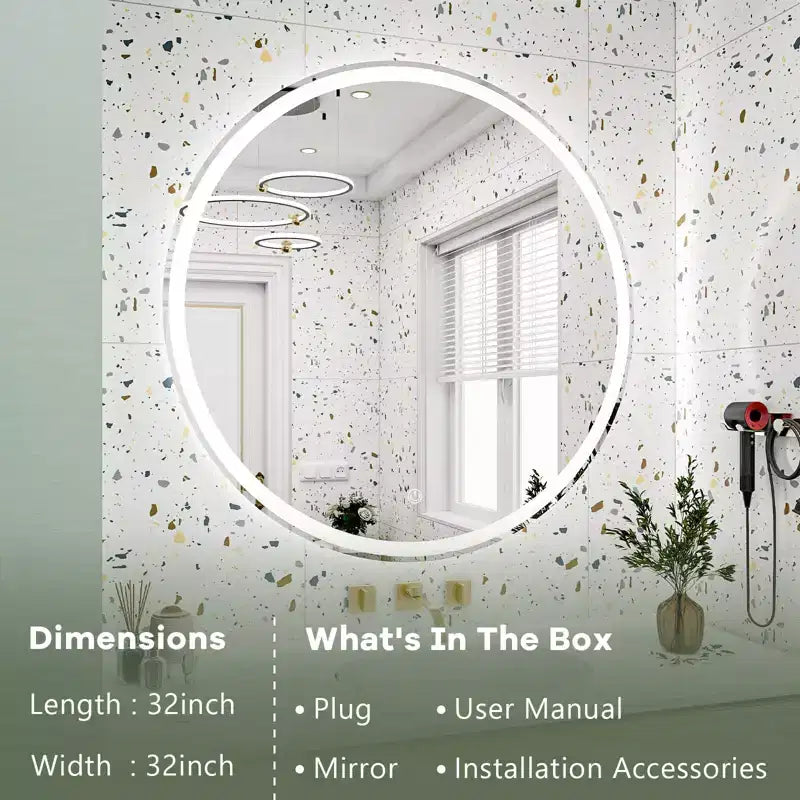 Miroir de salle de bain LED 32 pouces avec commande tactile intelligente, miroir de courtoisie dimmable anti-buée, mural/à brancher, verre HD