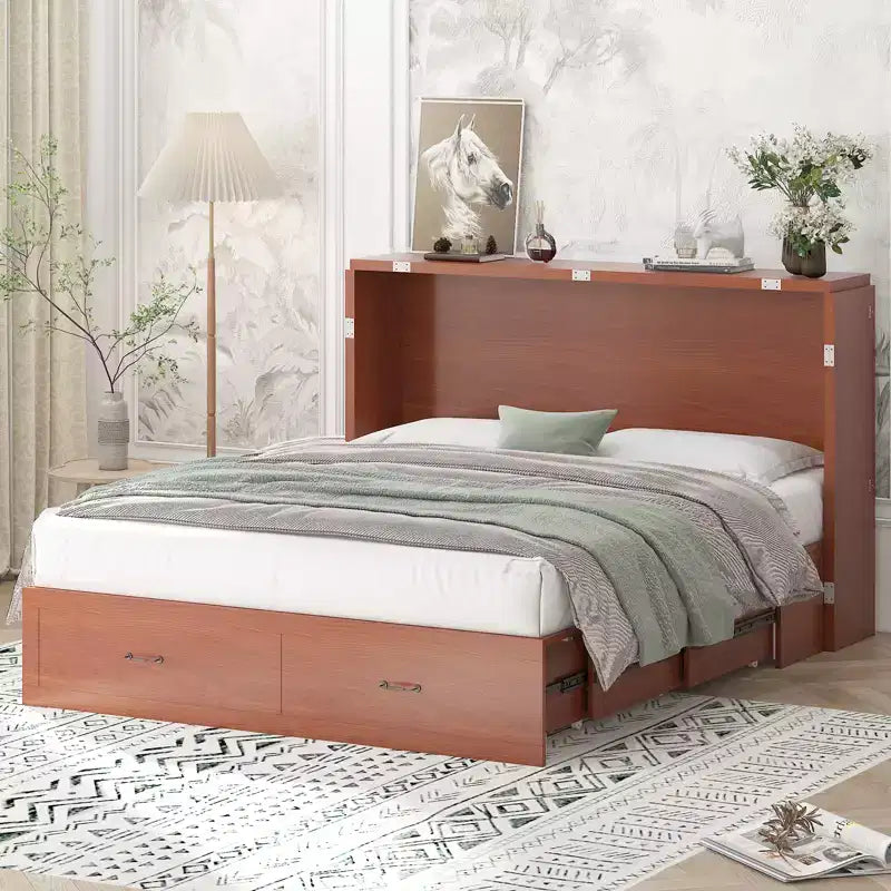 Mjkone Queen Murphy Bed with Charging Station,Space-Saving Cube Cabinet Foldable Bed with Mattress