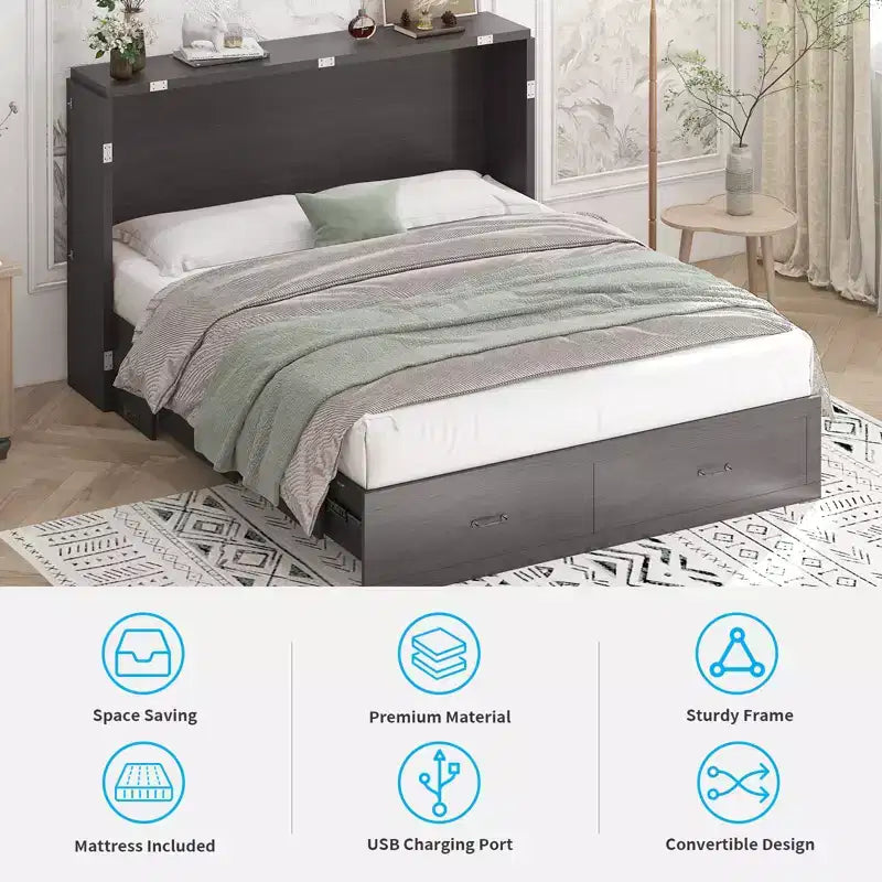 Lit avec station de charge, lit pliable en cube peu encombrant avec matelas