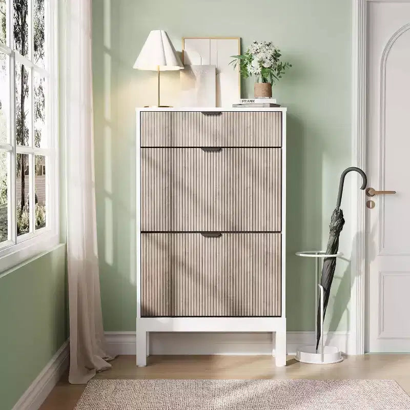 Meuble de Rangement à Chaussures avec 2 Tiroirs Basculants, Organisateur de Chaussures, Étagère à Chaussures Autoportante Étroite et Discrète