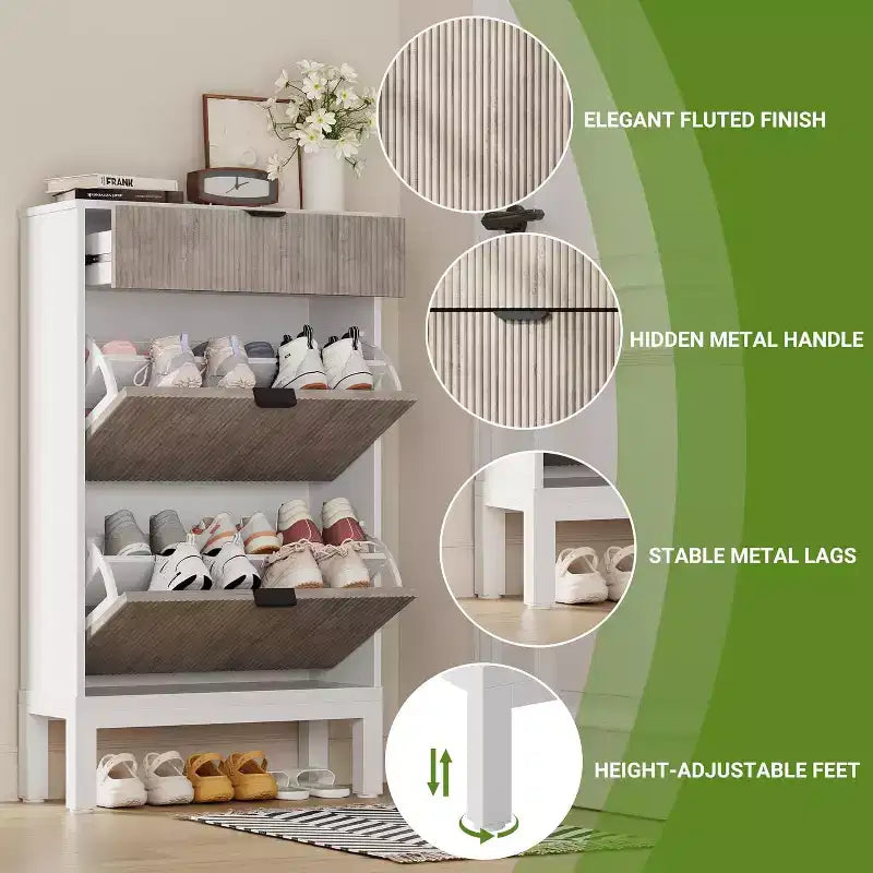 Meuble de Rangement à Chaussures avec 2 Tiroirs Basculants, Organisateur de Chaussures, Étagère à Chaussures Autoportante Étroite et Discrète