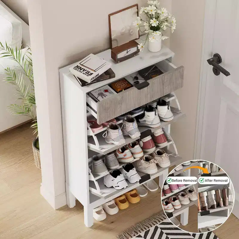 Meuble de Rangement à Chaussures avec 2 Tiroirs Basculants, Organisateur de Chaussures, Étagère à Chaussures Autoportante Étroite et Discrète