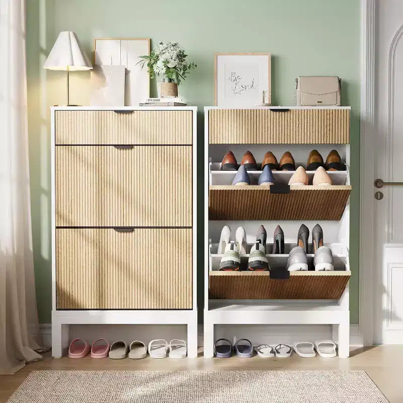 Meuble de Rangement à Chaussures avec 2 Tiroirs Basculants, Organisateur de Chaussures, Étagère à Chaussures Autoportante Étroite et Discrète