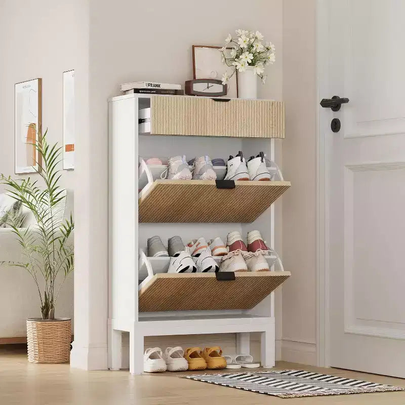 Meuble de Rangement à Chaussures avec 2 Tiroirs Basculants, Organisateur de Chaussures, Étagère à Chaussures Autoportante Étroite et Discrète
