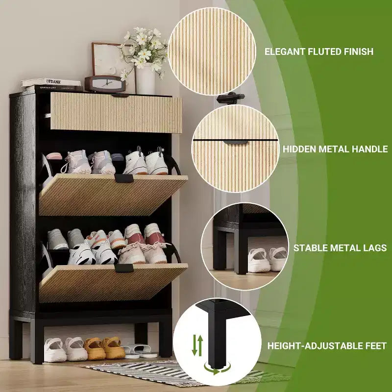 Meuble de Rangement à Chaussures avec 2 Tiroirs Basculants, Organisateur de Chaussures, Étagère à Chaussures Autoportante Étroite et Discrète