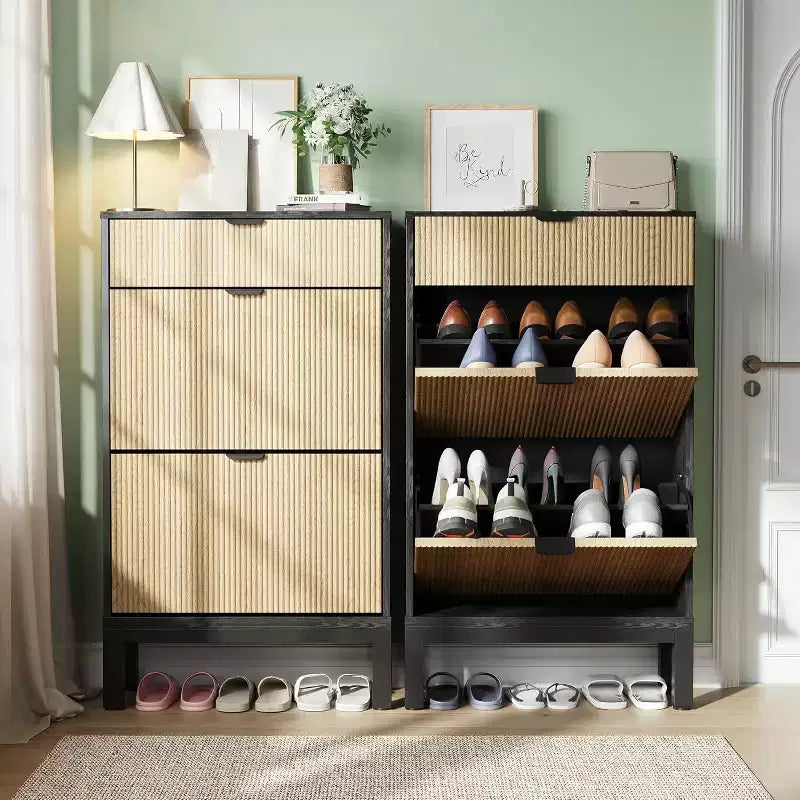 Meuble de Rangement à Chaussures avec 2 Tiroirs Basculants, Organisateur de Chaussures, Étagère à Chaussures Autoportante Étroite et Discrète