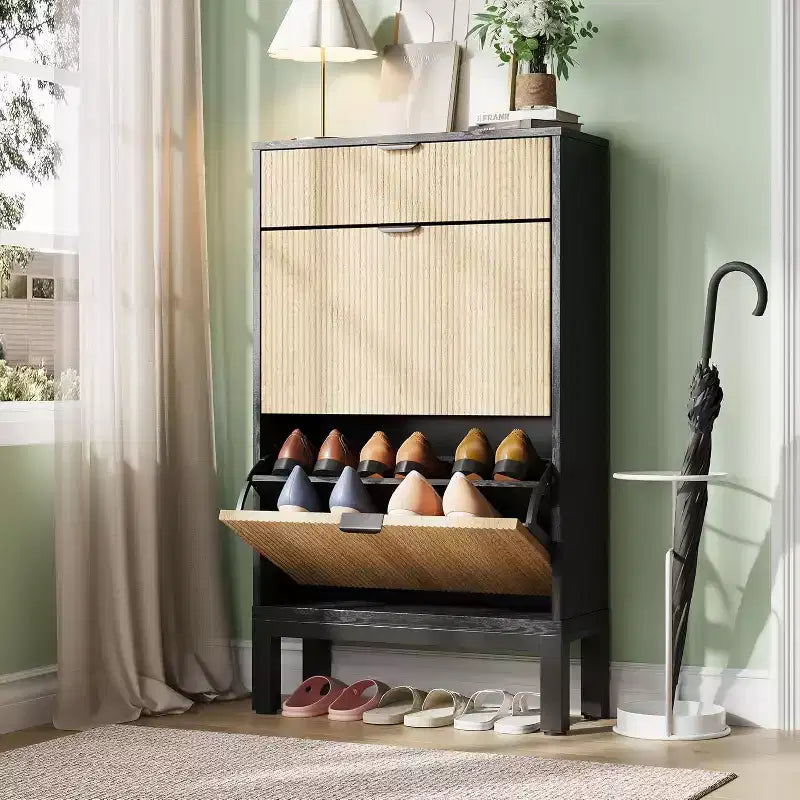 Shoe Storage Cabinet with 2 Flip Drawers, Shoe Organizer, Freestanding Hidden Slim Narrow Shoe Rack