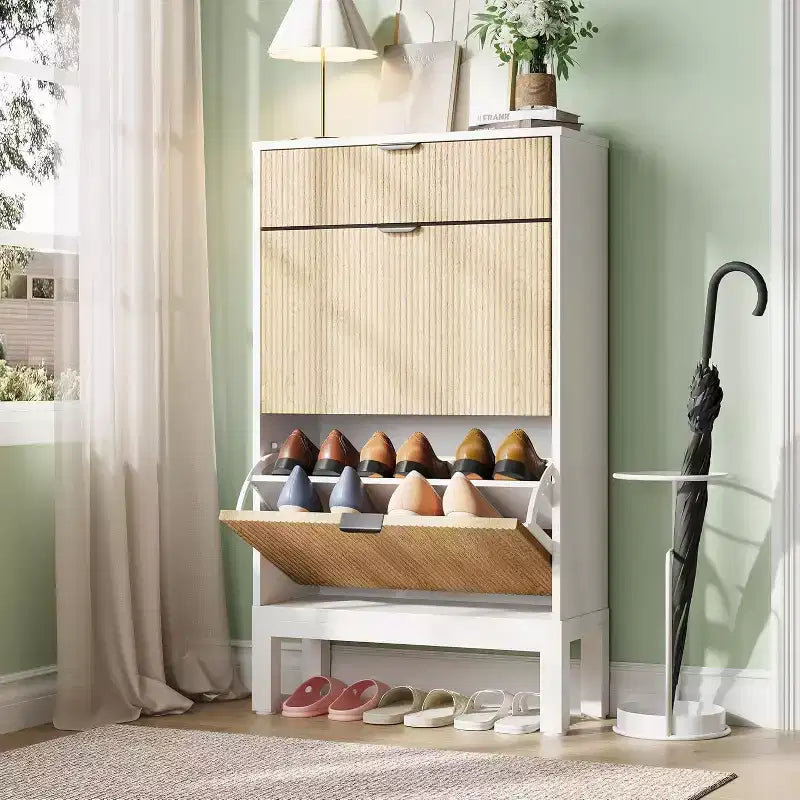 Meuble de Rangement à Chaussures avec 2 Tiroirs Basculants, Organisateur de Chaussures, Étagère à Chaussures Autoportante Étroite et Discrète