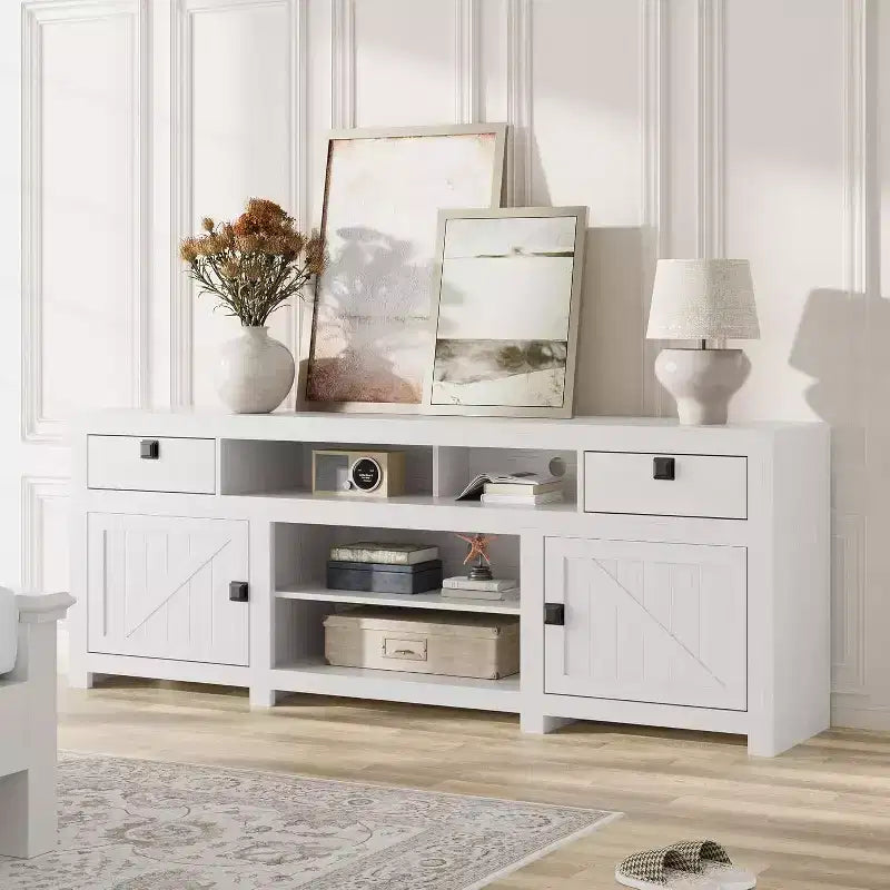 Meuble TV pour téléviseurs de 75/80 pouces, meuble de divertissement avec tiroirs et étagère, consoles de télévision
