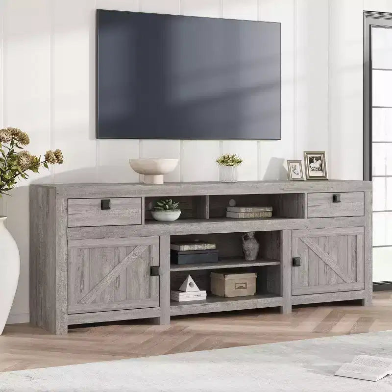 Meuble TV pour téléviseurs de 75/80 pouces, meuble de divertissement avec tiroirs et étagère, consoles de télévision