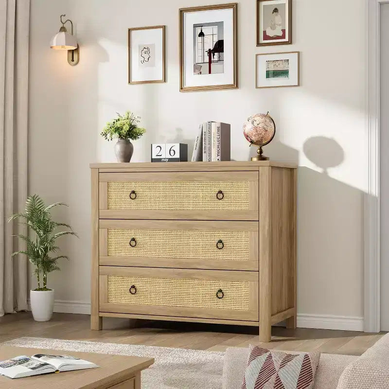 29 Rattan 3 Dresser for Bedroom, Wooden Closet Dressers Chest of Drawers, Boho Tall Drawer Dresser, for Bedroom, Living Room