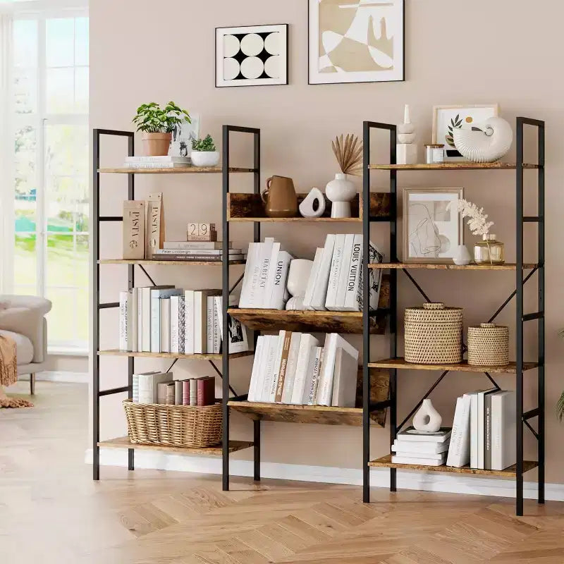Triple-Column Adjustable Bookcase  11 Shelves, 33LB/Shelf, Steel Frame & MDF Panels (Black) for Living Room, Office, Bedroom