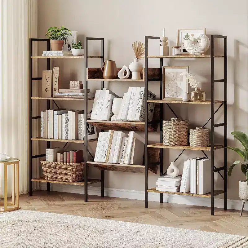 Bibliothèque réglable à trois colonnes 11 étagères, 15 kg/étagère, cadre en acier et panneaux MDF (noir) pour salon, bureau, chambre