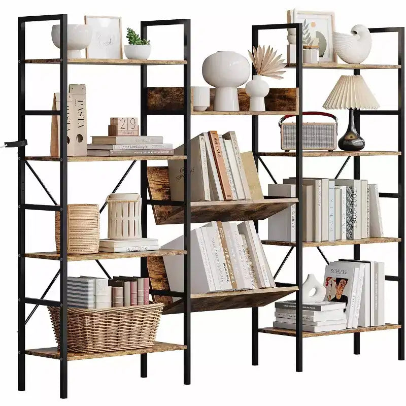 Bibliothèque réglable à trois colonnes 11 étagères, 15 kg/étagère, cadre en acier et panneaux MDF (noir) pour salon, bureau, chambre