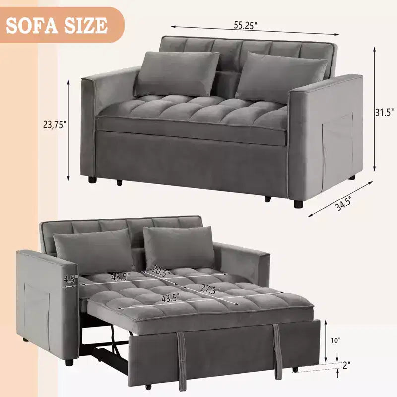 Canapé-lit convertible 55 pouces, canapé moderne en tissu chenille avec lit gigogne et ports USB pour salon, camping-car, caravane, sous-sol