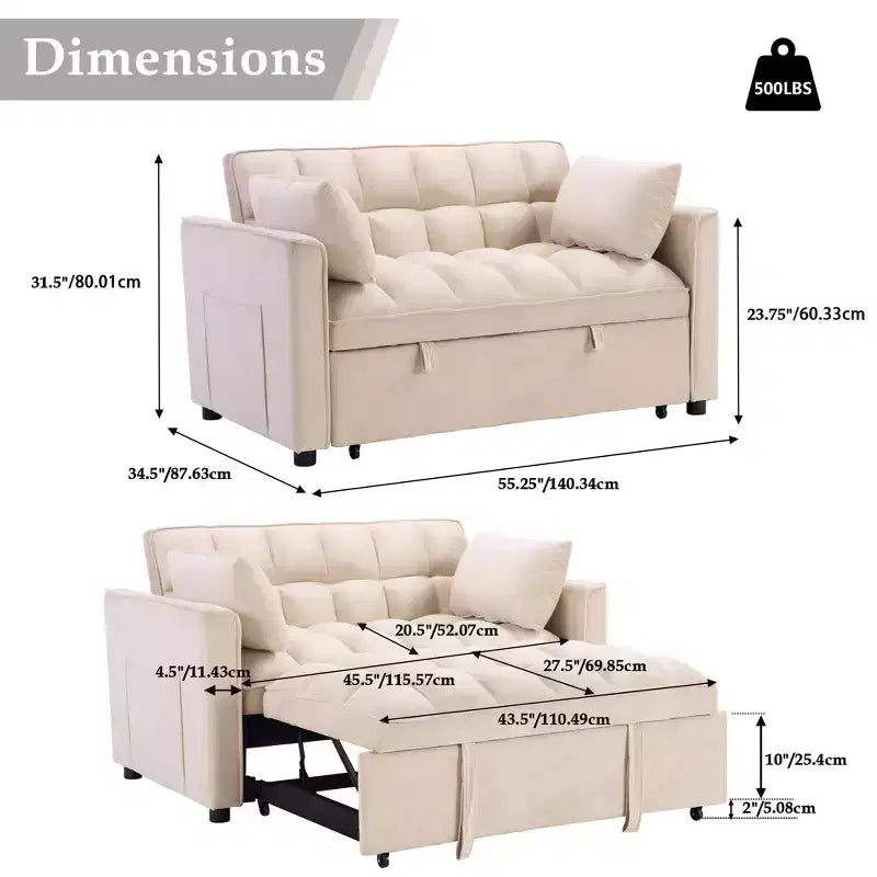 Canapé-lit convertible 55 pouces, canapé moderne en tissu chenille avec lit gigogne et ports USB pour salon, camping-car, caravane, sous-sol