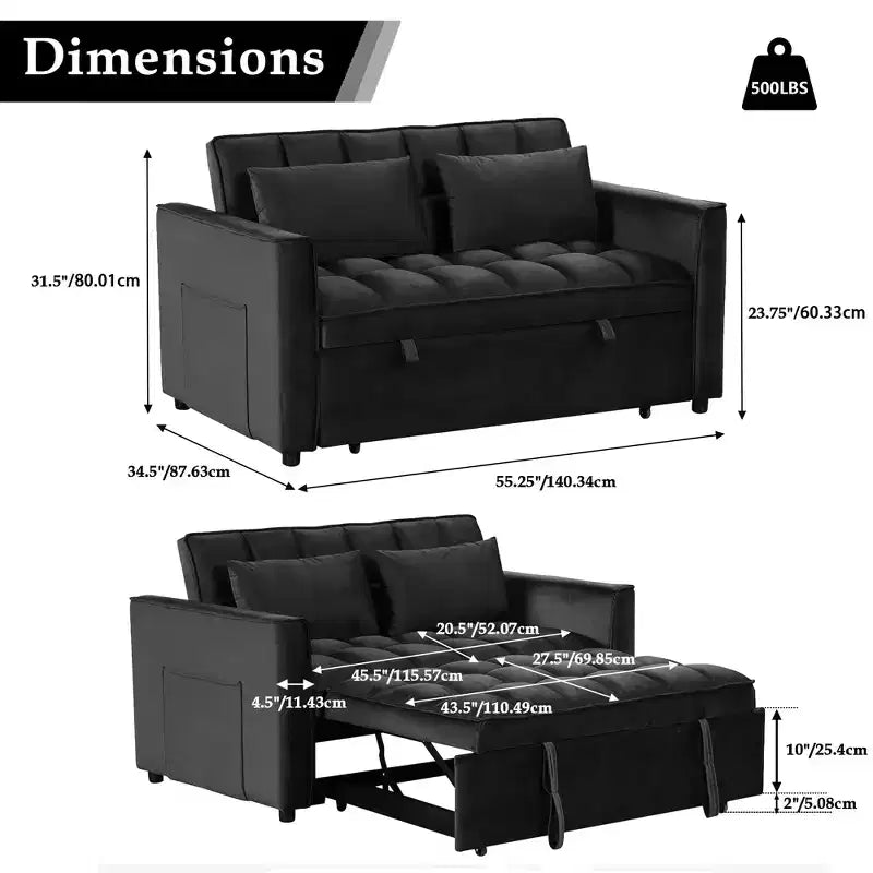 Canapé-lit convertible 55 pouces, canapé moderne en tissu chenille avec lit gigogne et ports USB pour salon, camping-car, caravane, sous-sol