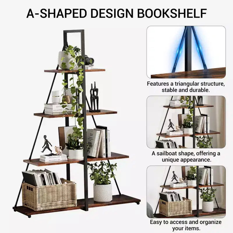 Étagère, Étagère échelle 4 niveaux, Bibliothèque design voilier, Étagères de rangement en bois en forme de A