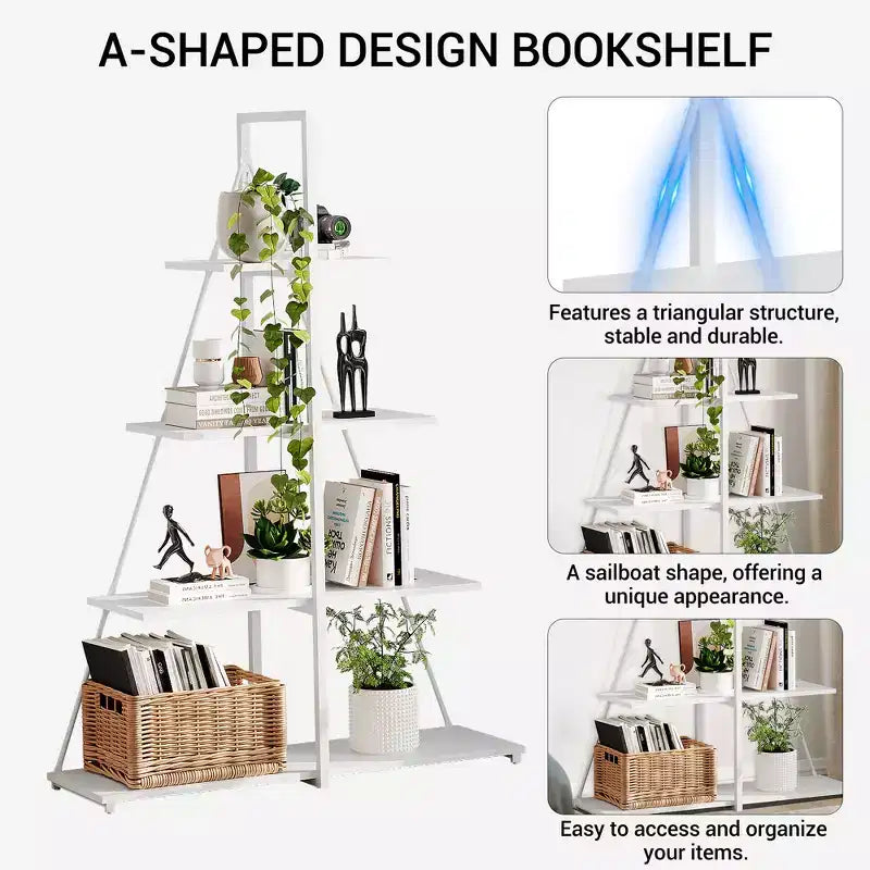 Étagère, Étagère échelle 4 niveaux, Bibliothèque design voilier, Étagères de rangement en bois en forme de A
